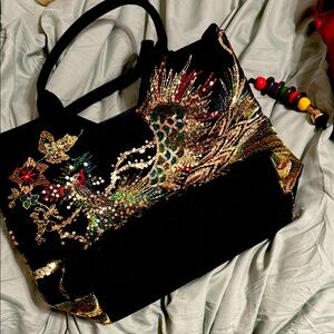 Black Floral Embellished Tote Bag